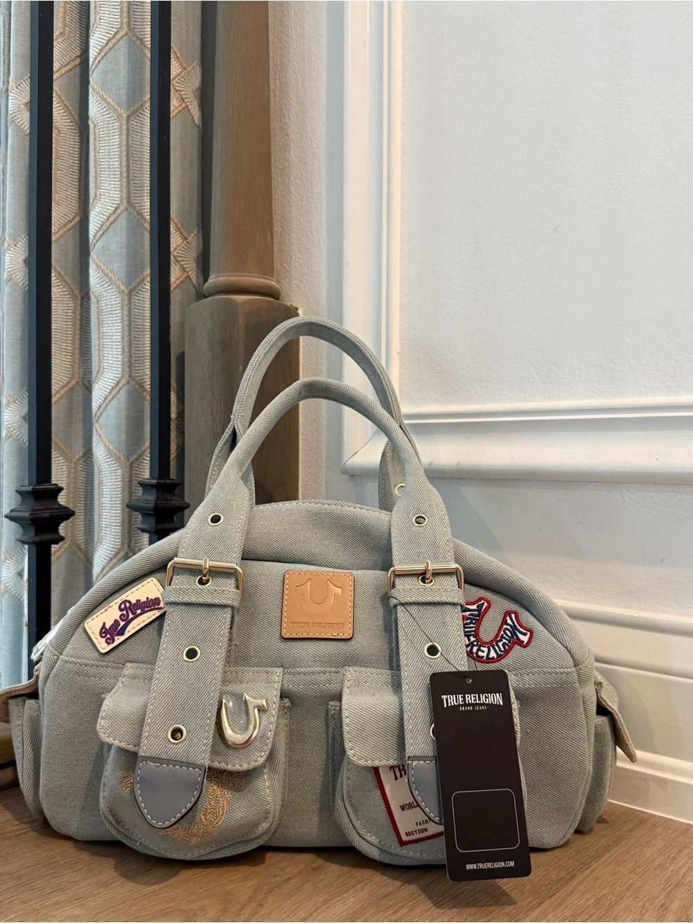 True Religion Light Gray Canvas Satchel with Patches